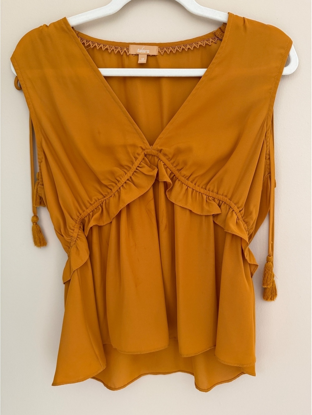 M Takara golden blouse, tiered
